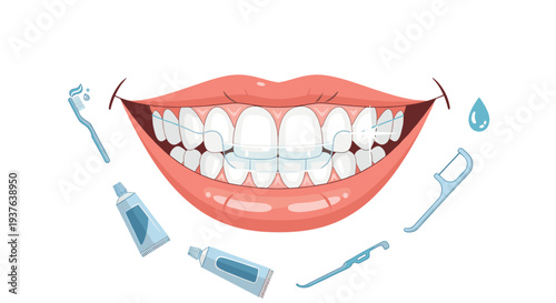 A wide, smiling mouth with perfectly aligned teeth is surrounded by essential dental hygiene tools on a clean white background.
