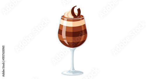 A single stemmed glass filled with distinct layers of chocolate mousse and cream, garnished with whipped cream and chocolate curls, is presented on a white background.