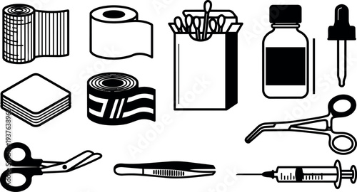 Minimalist medical supply icon set close up assorted instruments syringe scissors tweezers gauze roll dropper bottle on white flat vector