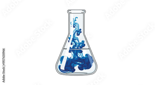 A clear glass Erlenmeyer flask containing a dynamic diffusion of dark blue liquid in water is centered on a plain white background.