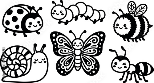 Cute kawaii line art insect set close up smiling ladybug caterpillar bee snail butterfly ant vector icons black and white
