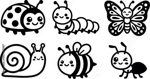 Cute line art vector set of six smiling insect icons ladybug caterpillar butterfly snail bee ant close up simple black