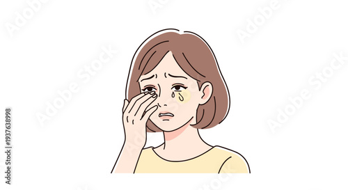 A distressed woman with short brown hair is openly weeping with tears running down her face while touching her eye.