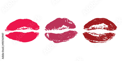 Set of lipstick kiss print Different shapes and colors imprint of lips Red pink female sexy lips makeup Design elements for beauty fashion poster Valentines Day wedding