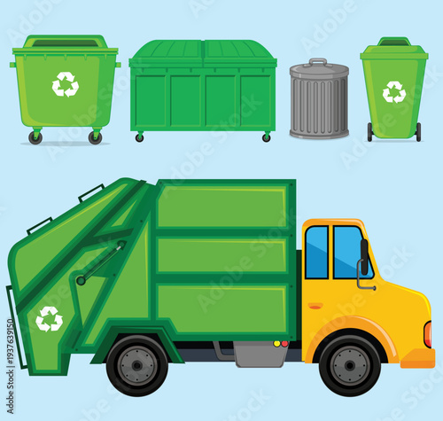 Recycling Bins and Garbage Truck – Waste Management Vector Illustration