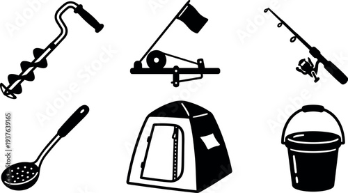 Flat silhouette winter ice fishing gear set with tent bucket auger tip up and rod close up black utility icons