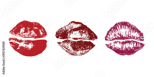Set of lipstick kiss print Different shapes and colors imprint of lips Red pink female sexy lips makeup Design elements for beauty fashion poster Valentines Day wedding
