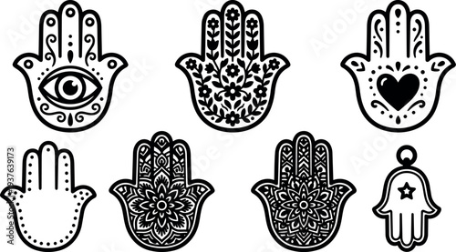 Line art hamsa hand icons set seven decorative palm symbols black and white vector flat ornamental mandala style close up