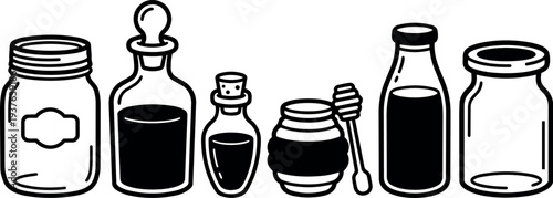 Line art row of assorted glass jars bottles and honey dipper close up straight on view black and white vector