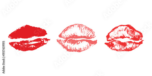 Set of lipstick kiss print Different shapes and colors imprint of lips Red pink female sexy lips makeup Design elements for beauty fashion poster Valentines Day wedding