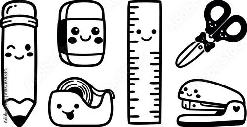 Minimalist kawaii line art close up school supplies set with smiling pencil eraser ruler scissors tape stapler flat monochrome vector