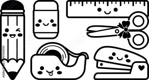 Kawaii flat vector set smiling pencil eraser ruler scissors tape dispenser stapler sharpener school supplies black outline cute face icons