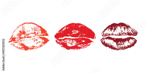 Set of lipstick kiss print Different shapes and colors imprint of lips Red pink female sexy lips makeup Design elements for beauty fashion poster Valentines Day wedding