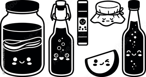 Kawaii line art vector close up of smiling jar bottle and jam lid with winking fruit slice in simple monochrome