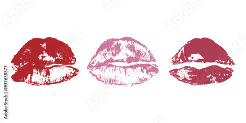 Set of lipstick kiss print Different shapes and colors imprint of lips Red pink female sexy lips makeup Design elements for beauty fashion poster Valentines Day wedding
