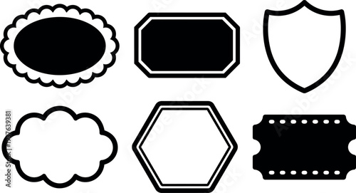 Flat design collection of six blank badge shapes close up vector icons including scallop oval shield hexagon ticket cloud label