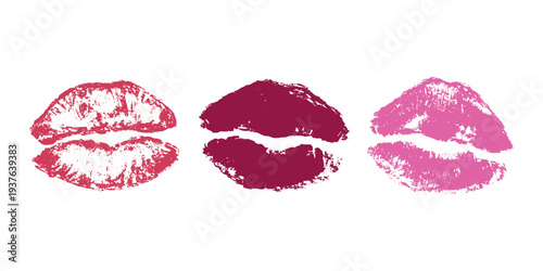 Set of lipstick kiss print Different shapes and colors imprint of lips Red pink female sexy lips makeup Design elements for beauty fashion poster Valentines Day wedding