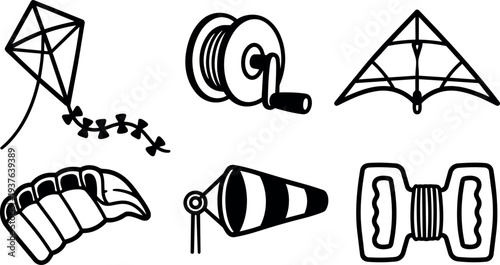 Flat design close up delta kite and classic diamond kite with spool handle windsock and tail on white background vector