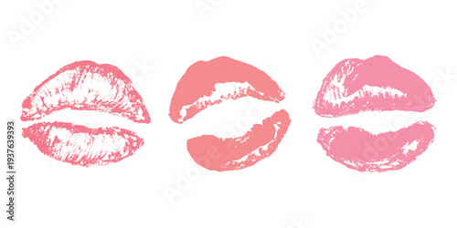 Set of lipstick kiss print Different shapes and colors imprint of lips Red pink female sexy lips makeup Design elements for beauty fashion poster Valentines Day wedding