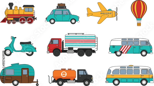 Retro Transportation Vehicle Collection with Train Airplane Hot Air Balloon Van Scooter Tanker Truck and Travel Transport Vector Illustration.