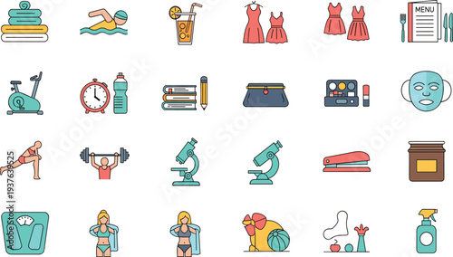 Health Fitness and Beauty Lifestyle Icon Set with Swimming Gym Exercise Makeup Skincare and Wellness Activity Vector Illustration.
