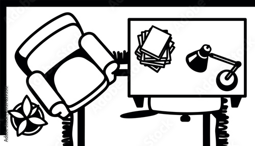 Minimalist line art top view of armchair beside coffee table with desk lamp and potted plant on area rug monochrome