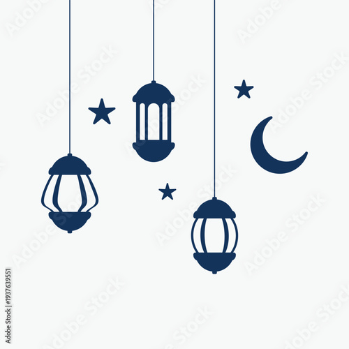 Elegant blue Ramadan Kareem vector illustration featuring hanging lanterns, crescent moon and stars icons