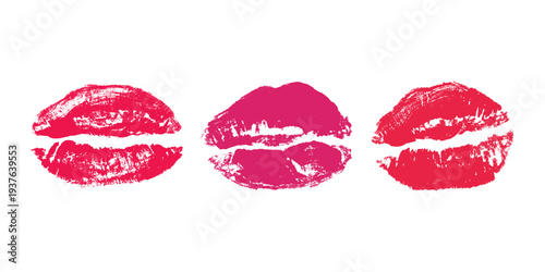 Set of lipstick kiss print Different shapes and colors imprint of lips Red pink female sexy lips makeup Design elements for beauty fashion poster Valentines Day wedding
