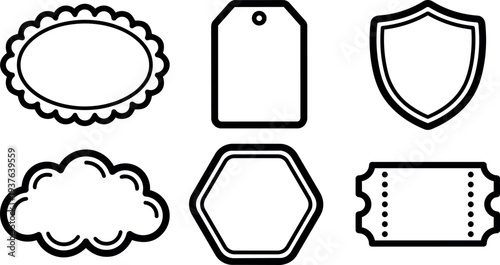 Flat design line art vector label and tag icon set showing shield ticket cloud hexagon scalloped oval and hang tag