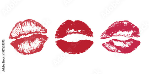 Set of lipstick kiss print Different shapes and colors imprint of lips Red pink female sexy lips makeup Design elements for beauty fashion poster Valentines Day wedding