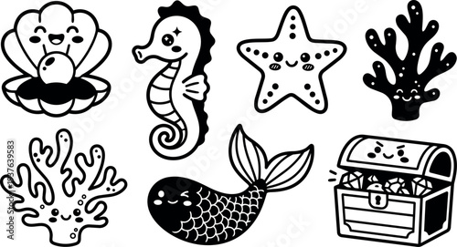 Kawaii line art sea creature sticker set with smiling pearl clam seahorse starfish coral mermaid tail treasure chest playful icons
