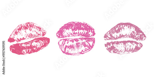 Set of lipstick kiss print Different shapes and colors imprint of lips Red pink female sexy lips makeup Design elements for beauty fashion poster Valentines Day wedding