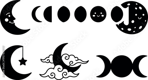 Flat design moon phases icons smiling face crescent with hanging star moon and clouds triple moon symbol minimal black silhouettes