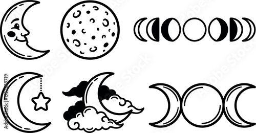 Minimalist line art moon phase icon set with smiling crescent cloud star and full moon in horizontal row simple black
