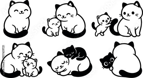 Minimalist line art cat family in playful poses vector sticker set six cute kittens and adult cats sitting sleeping cuddling