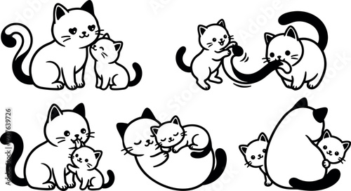 Line art cute mother cat with kittens in multiple playful poses set of black and white vector stickers close up