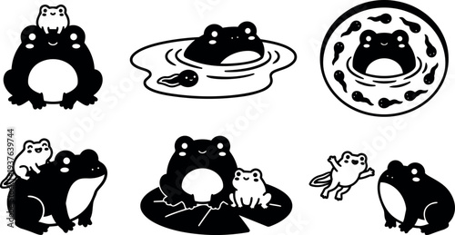 Flat design cute frog and tadpole icon set six poses close up parent frog with baby frogs on lily pad