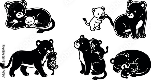 Line art set of playful bear cubs mother in various poses black and white vector icons with closeup sleeping illustration