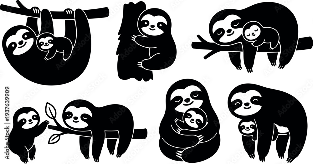Naklejka premium Flat design close up sloth family icons hugging climbing and resting on branches set of six playful silhouettes cute monochrome