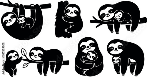 Flat design close up sloth family icons hugging climbing and resting on branches set of six playful silhouettes cute monochrome