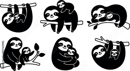 Minimalist flat vector sloth mother and baby cuddling on branch close up smiling low angle black silhouette cute line art