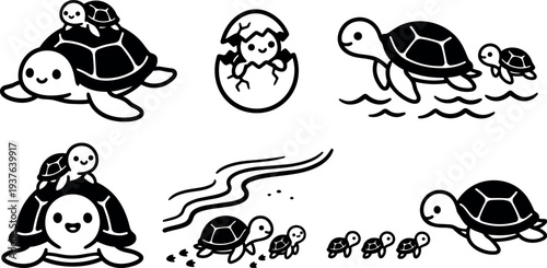 Line art close up smiling mother turtle carrying baby on shell hatchling moving in water friendly simple black and white
