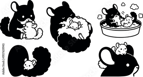 Line art cute chinchilla family cuddling in close up poses including bath scene and parent carrying baby soft playful mood