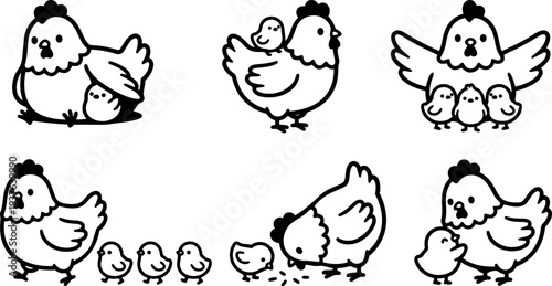 Minimalist line art mother hen feeding and brooding chicks close up set of six farm icons black outline vector illustrations