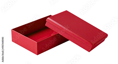 Open rectangular red box with lid slightly ajar, set against a stark black background