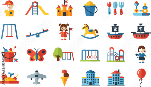 Kids Playground and Toy Icon Set with Slide Swing Castle Pirate Ship Rocking Horse Ice Cream and Children Park Vector Illustration.
