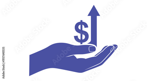 Increasing financial growth and prosperity symbol with a hand holding a dollar sign and upward arrow