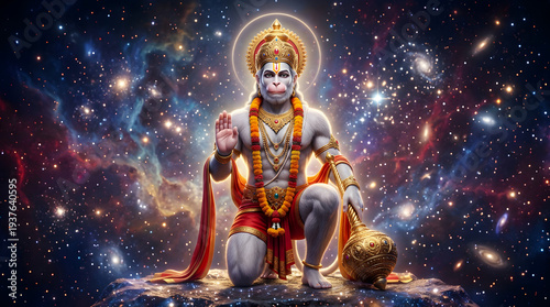 Vibrant digital art of lord hanuman kneeling with a gada, blessing devotees against a majestic cosmic galaxy for hanuman jayanti.