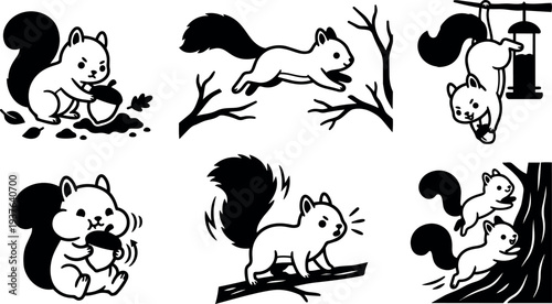 Line art playful squirrel icon set six poses acorn climbing leaping hanging from feeder tree branch cheek puffing close up