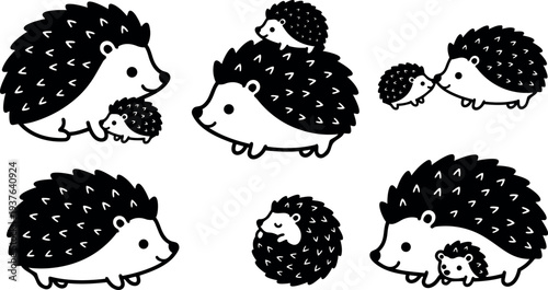 Cute minimalist line art hedgehog family set with baby on back multiple poses smiling side view curled ball parent carrying